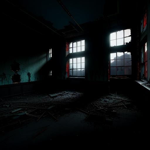 Eerie Abandoned Building with Sinister Shadow