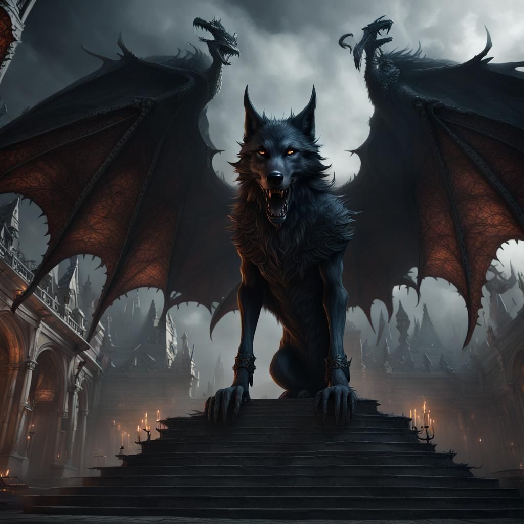 Flying Black Wolf with Dragon Wings: Sinister Art