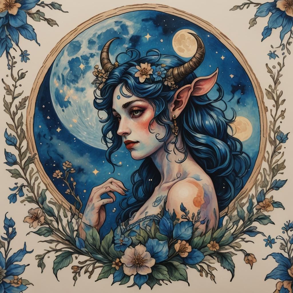 Female Satyr with Tattoos in Impressionistic Style