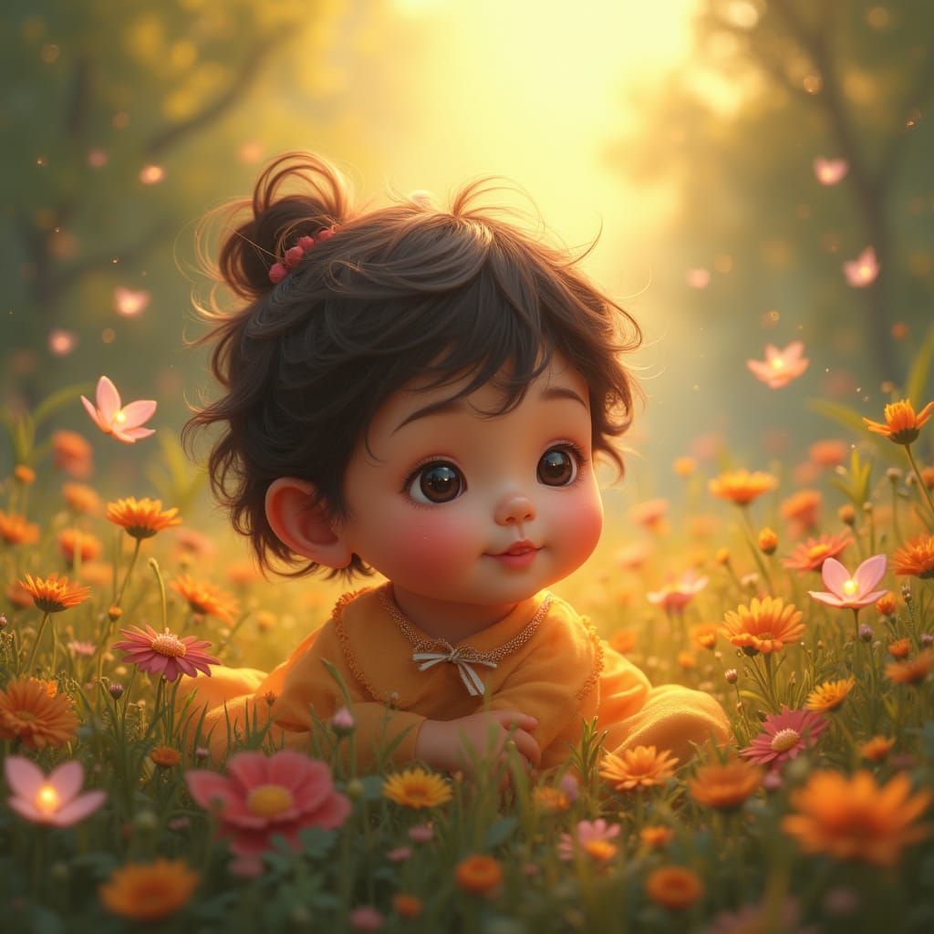 Dreamy Baby Girl in Vibrant Fantasy Meadow