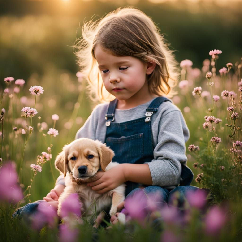Girl with Puppy in Wildflower Field, Professional Photograph...
