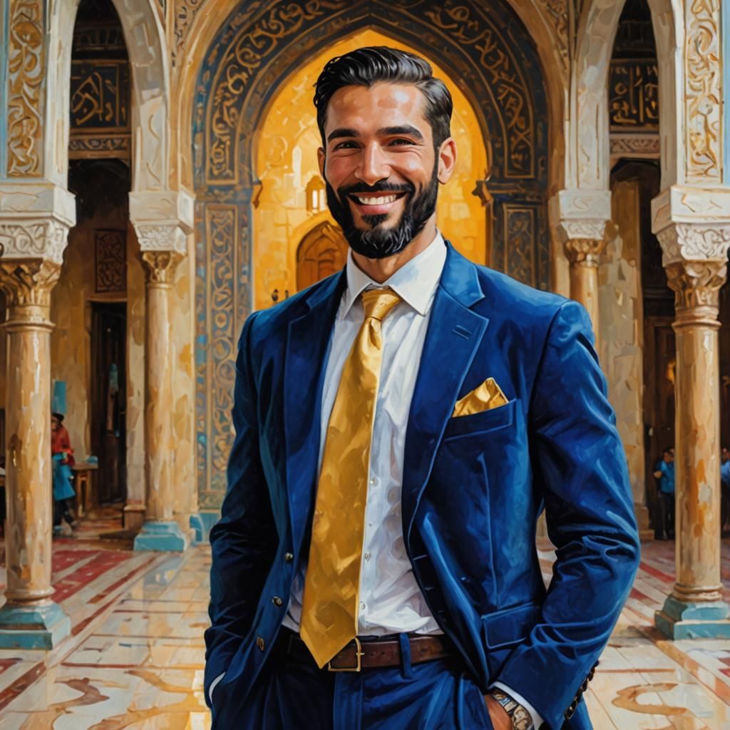 Elegant Man in Mosque: Impressionist Impasto Oil Painting