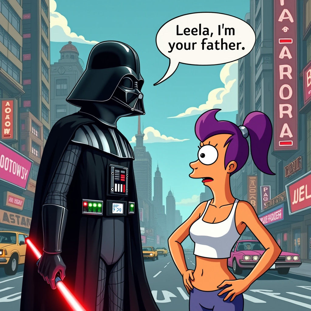 Darth Vader Confronts Leela in Futuristic Cityscape