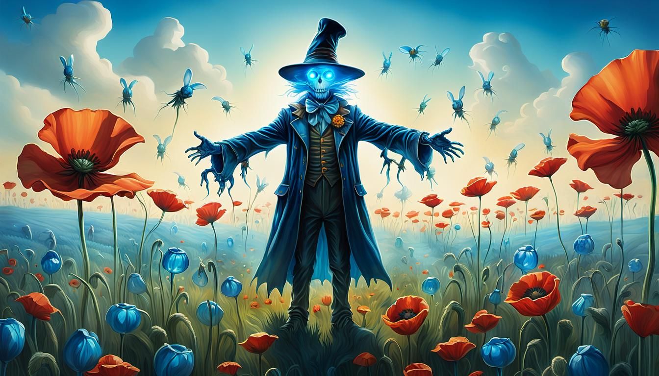 Alien Scarecrow with Glowing Rabbits in Surreal Field