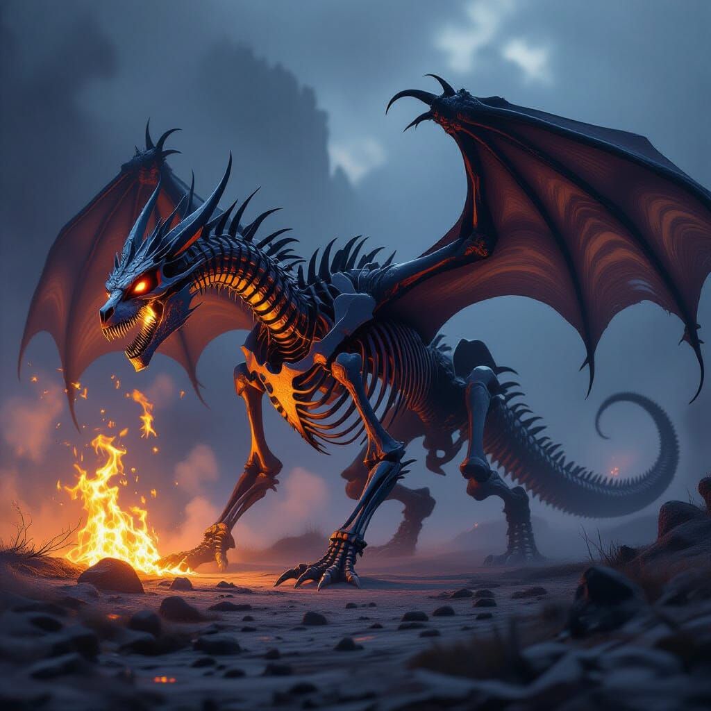 Animated Dragon Skeleton with Black Flames
