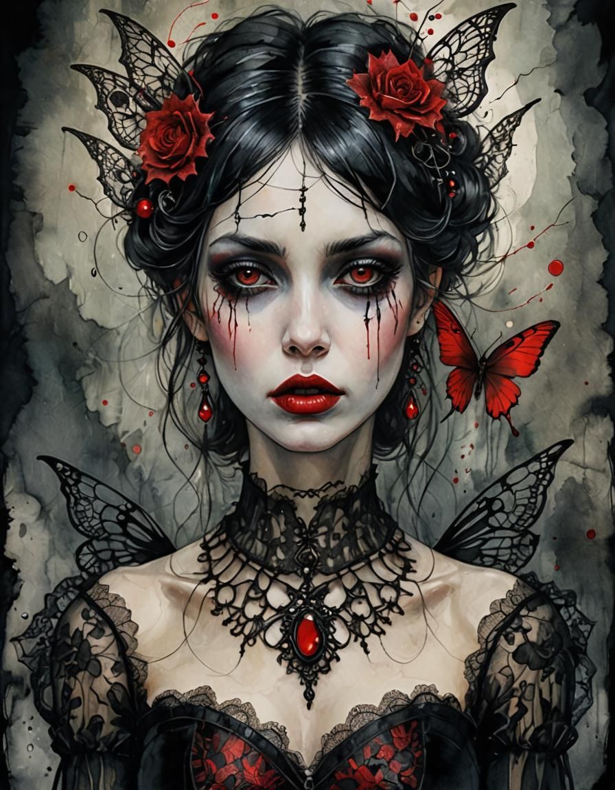 Goth Fairy with Red Lipstick in Watercolor Style