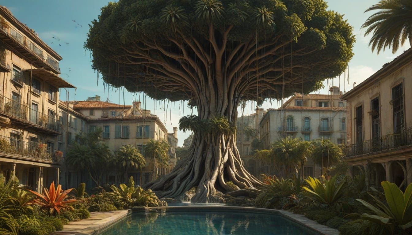 Surreal Tropical Paradise with Fantastical Creatures