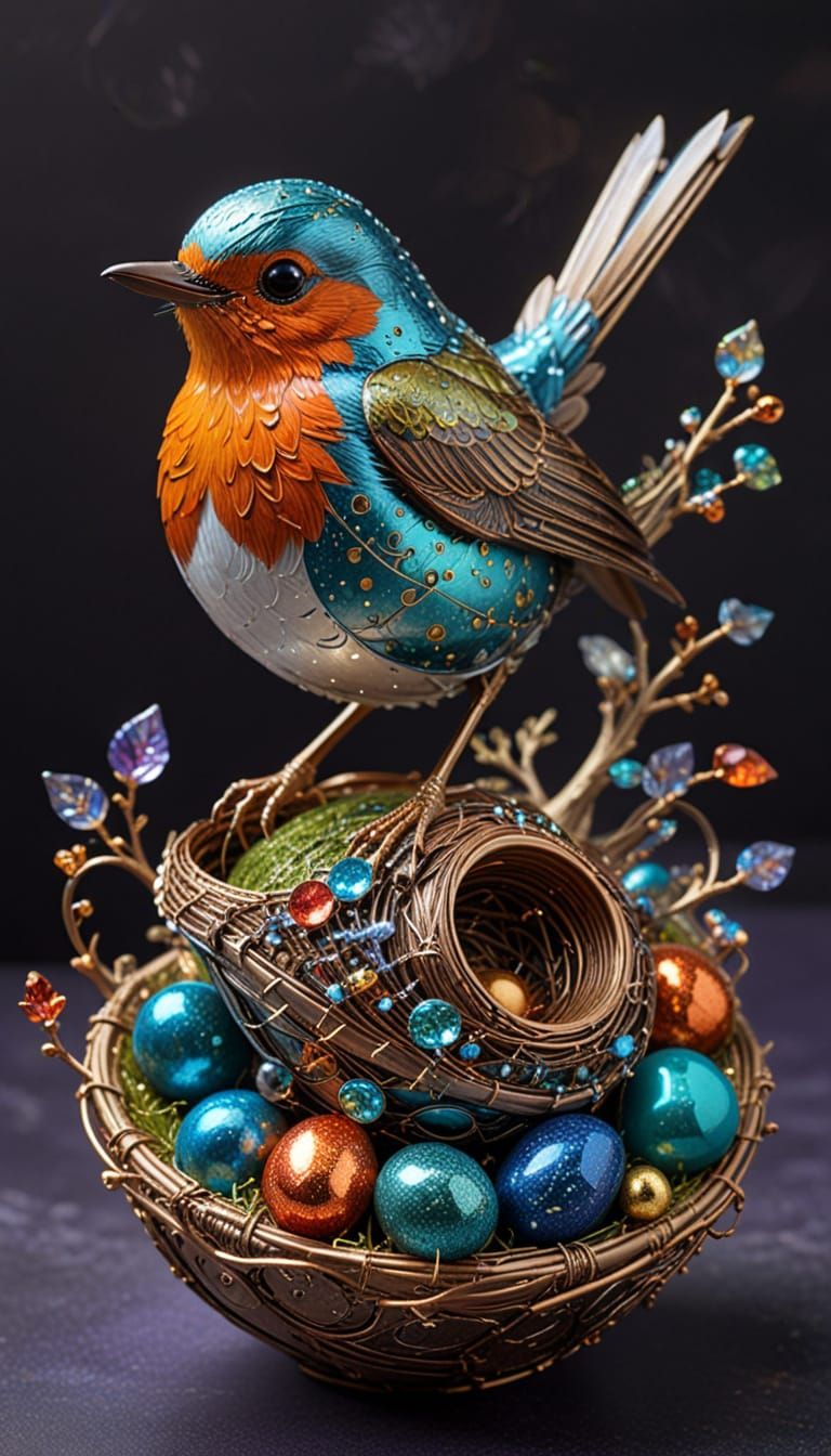 Metallic Constellation Robin on Nest: Digital Art