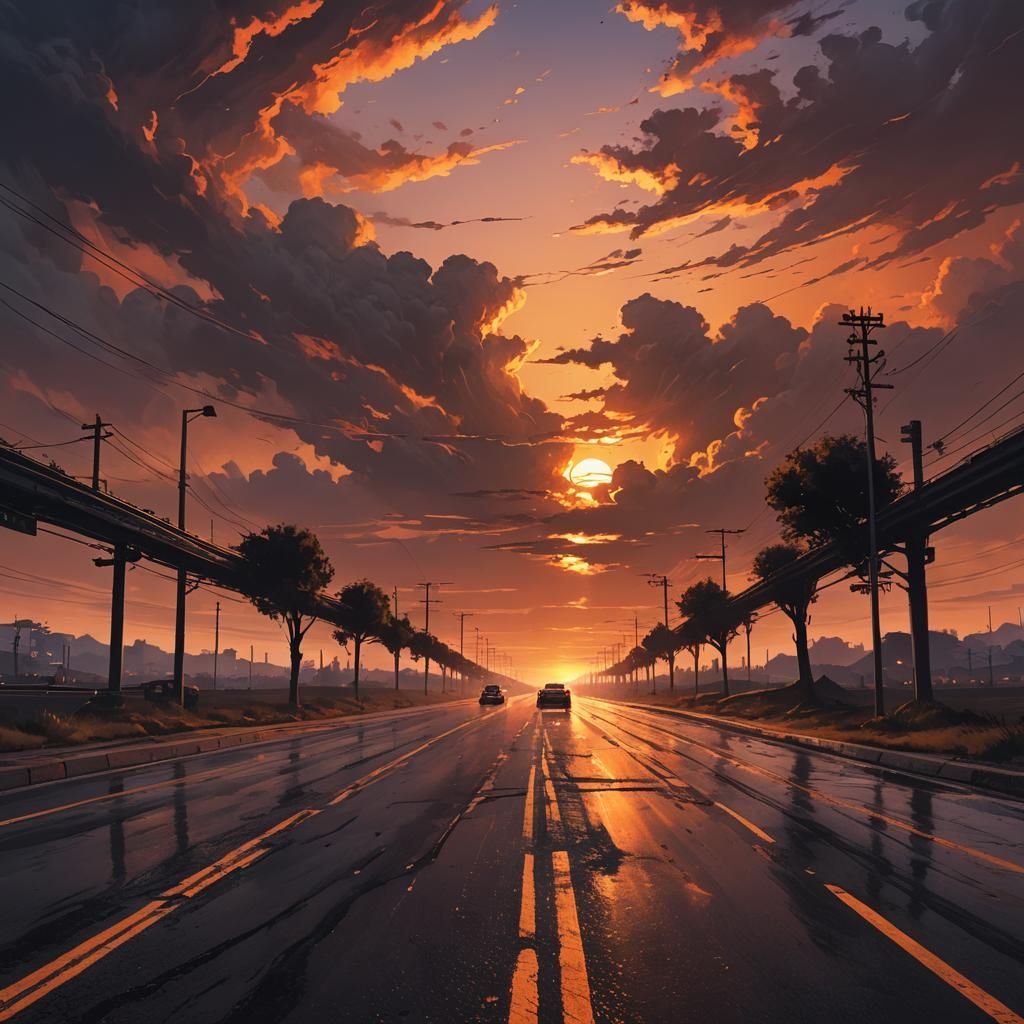 Dramatic Sunset Road in Orange and Black