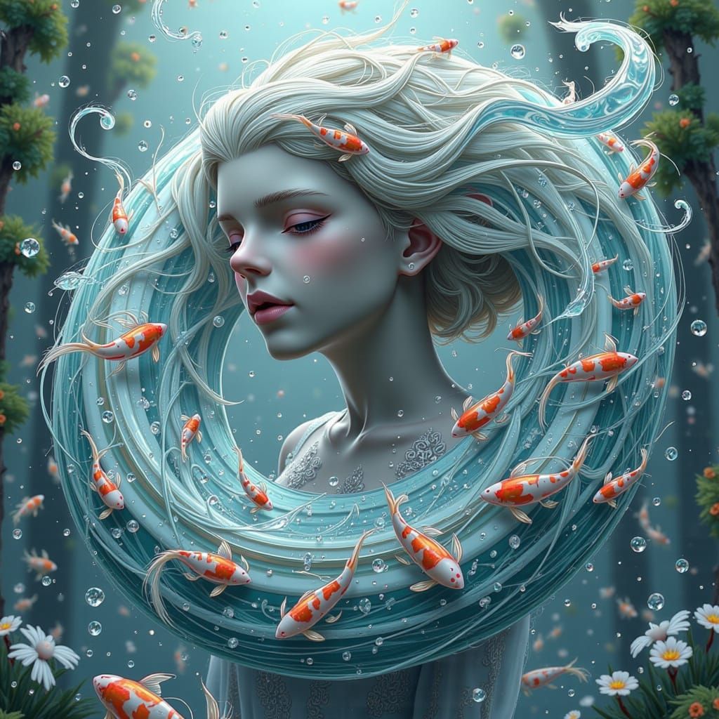 Lady with Water Hair and Koi, Surreal Dreamscape