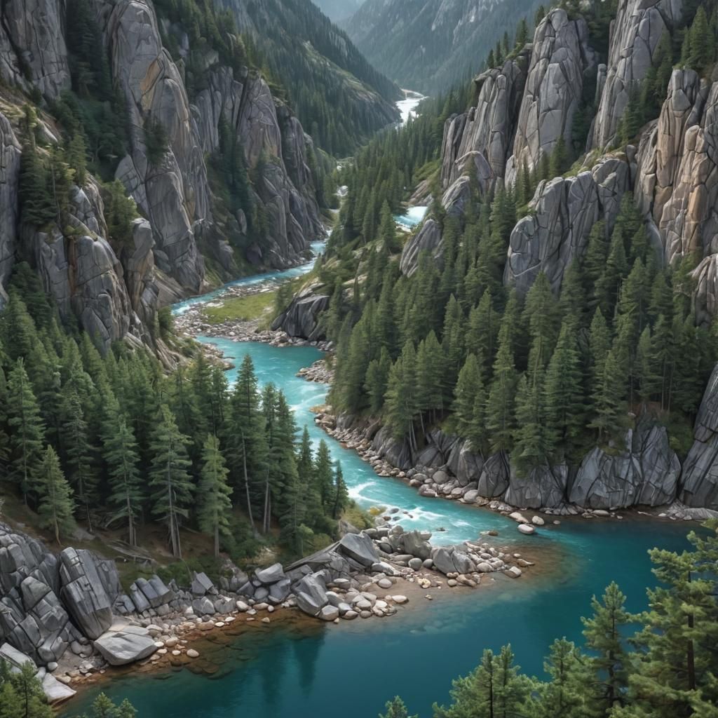 Mountain Scene with Azure River as Impasto Painting