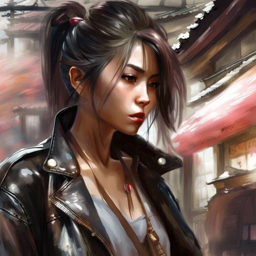 Modern Japanese Woman in Leather Jacket, Royo Style