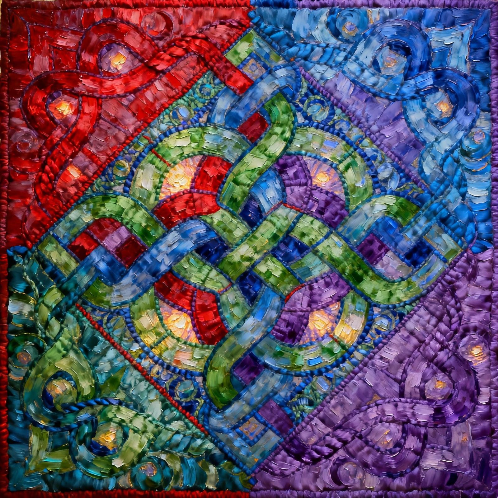Vibrant Celtic Knotwork Quilt in Textured Impasto Style