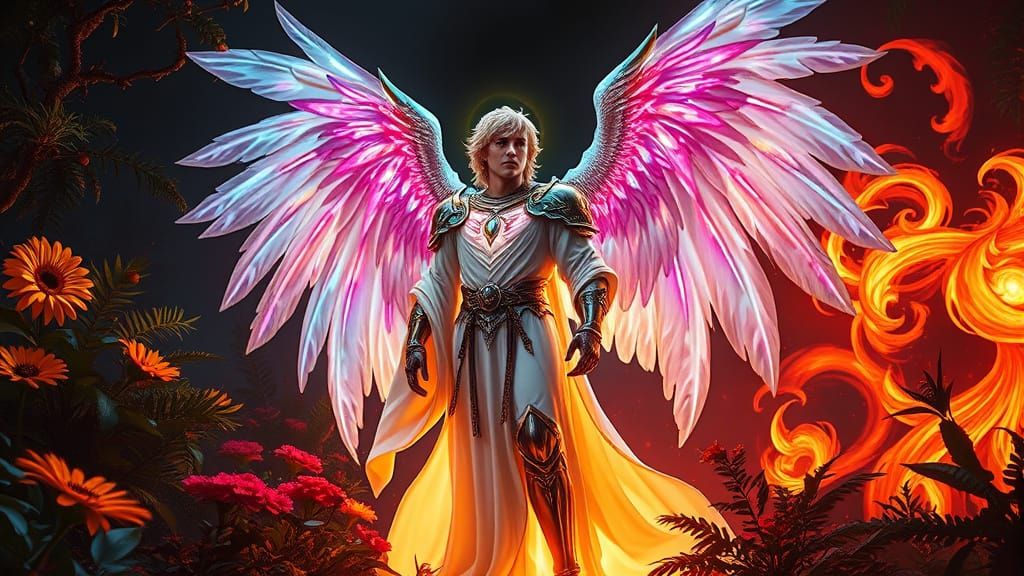 Radiant Archangel in Neon Garden, Syd Mead Style