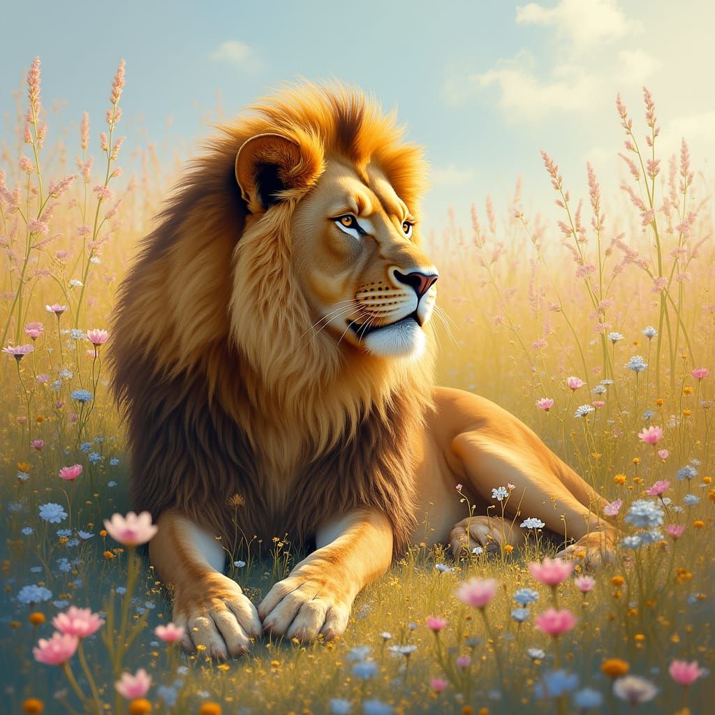 Majestic Lion in Dreamy Impressionist Landscape