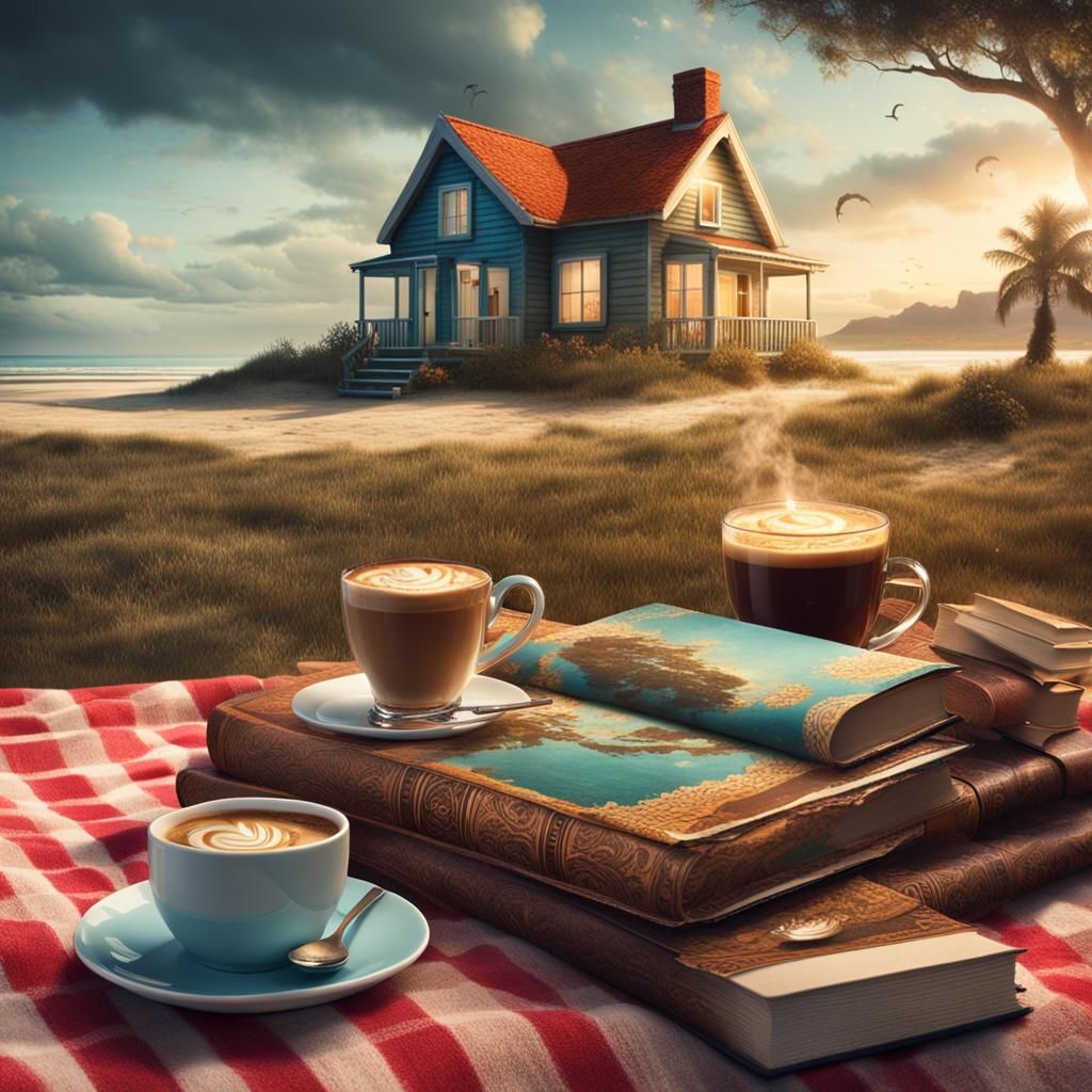 Beach Cottage Picnic with Books and Cake