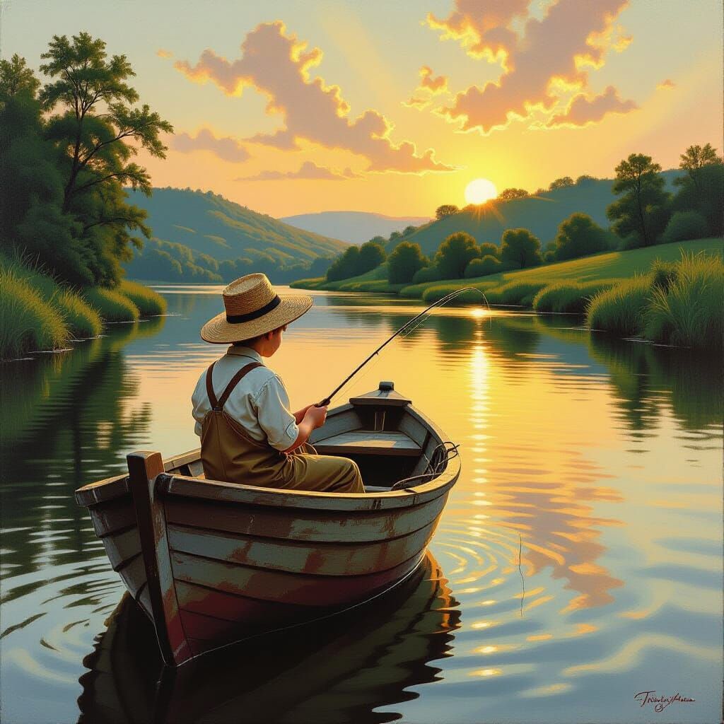 Boy Fishing at Sunset in the Style of Thomas Cole