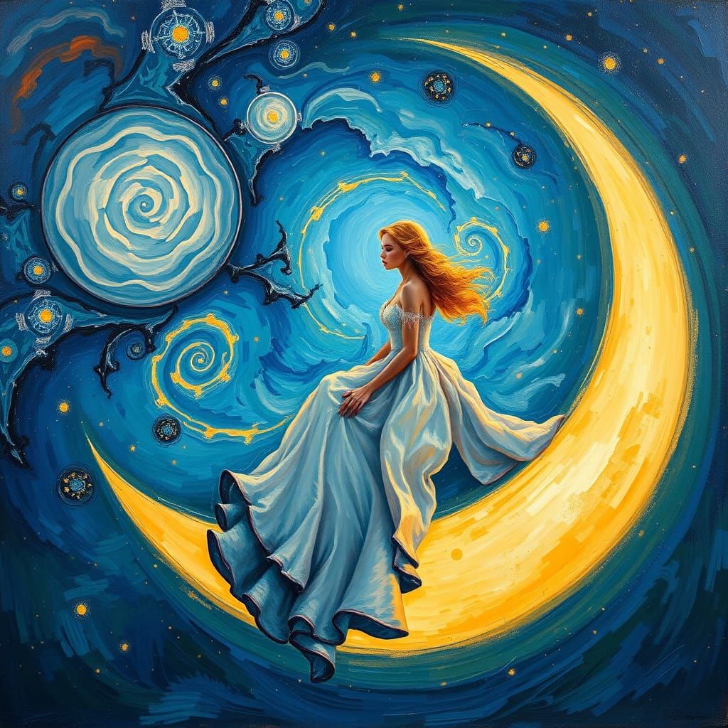 Dreamy Girl on Moon in Cosmic Fractal Sky