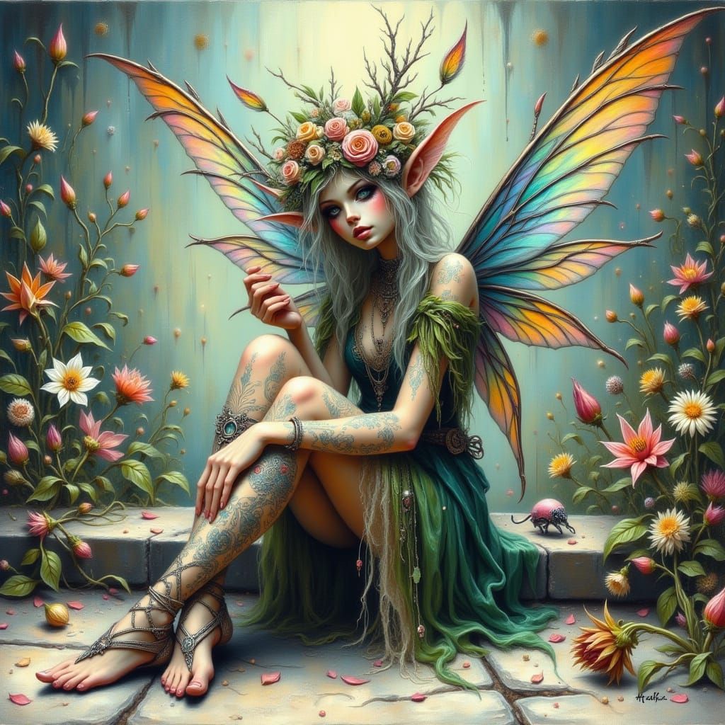 Fairy Begging on Sidewalk in Punk Elf Style