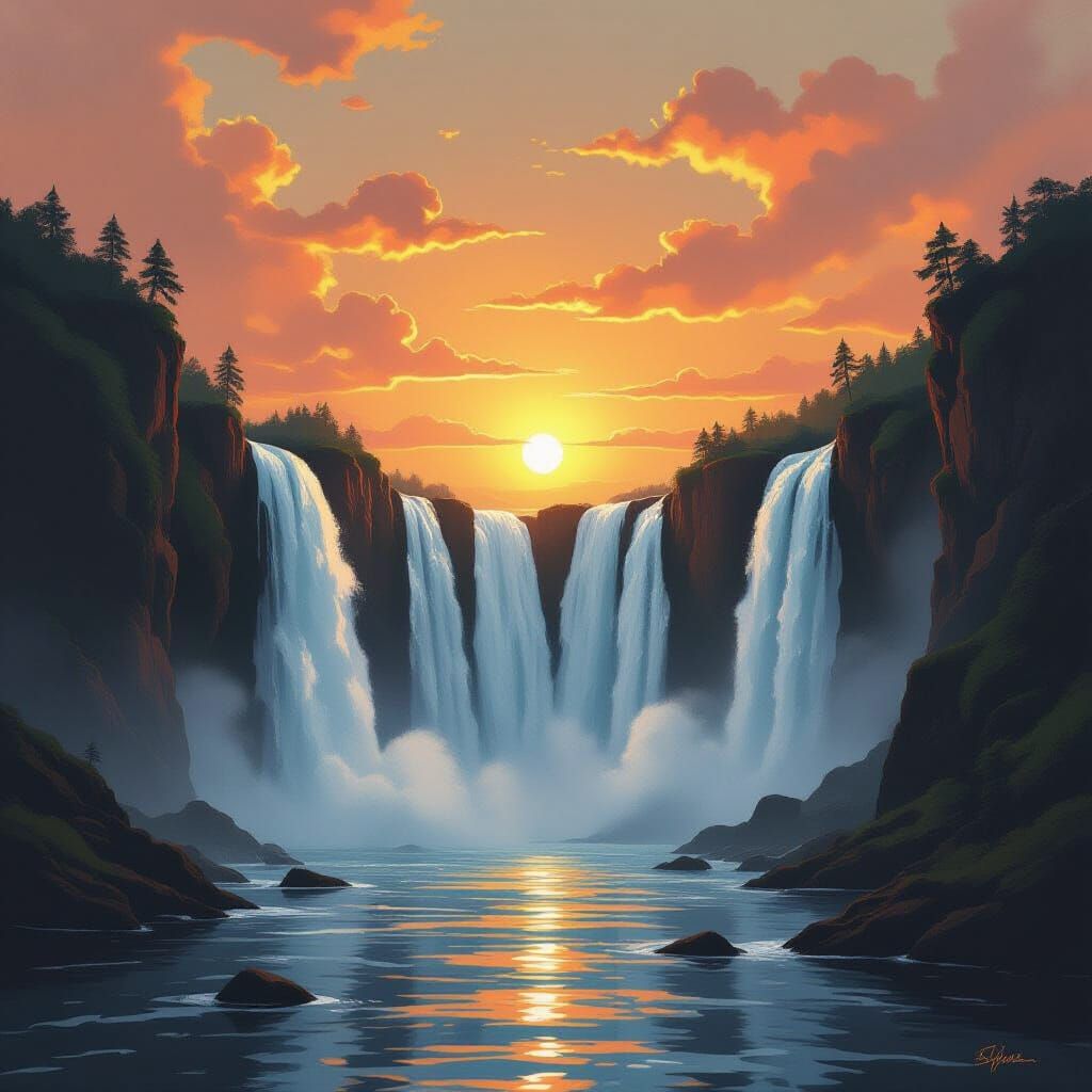 Majestic Waterfall in Untamed Wilderness with Ethereal Mist