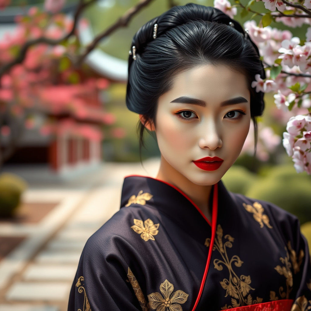 Elegant Japanese Woman in Ancient Garden