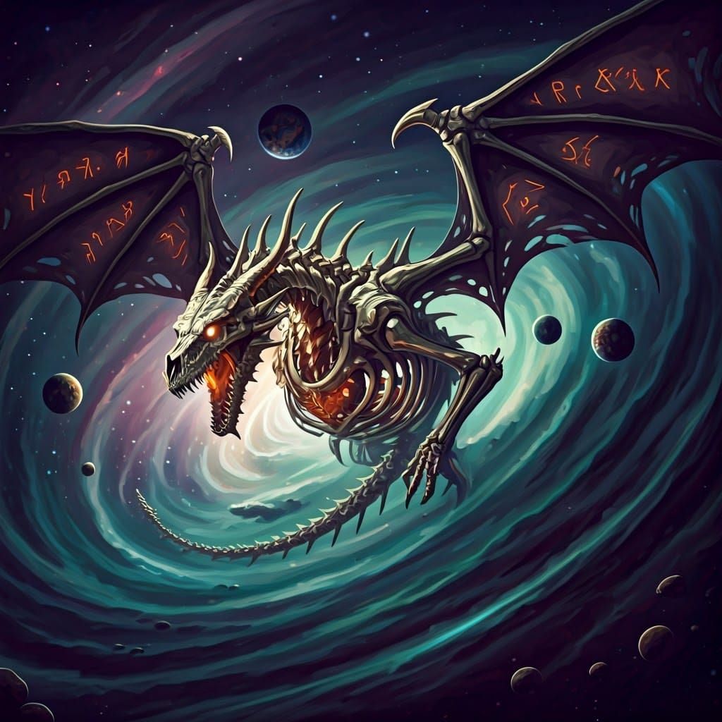 Skeletal Dragon Soaring Through Cosmic Vortex