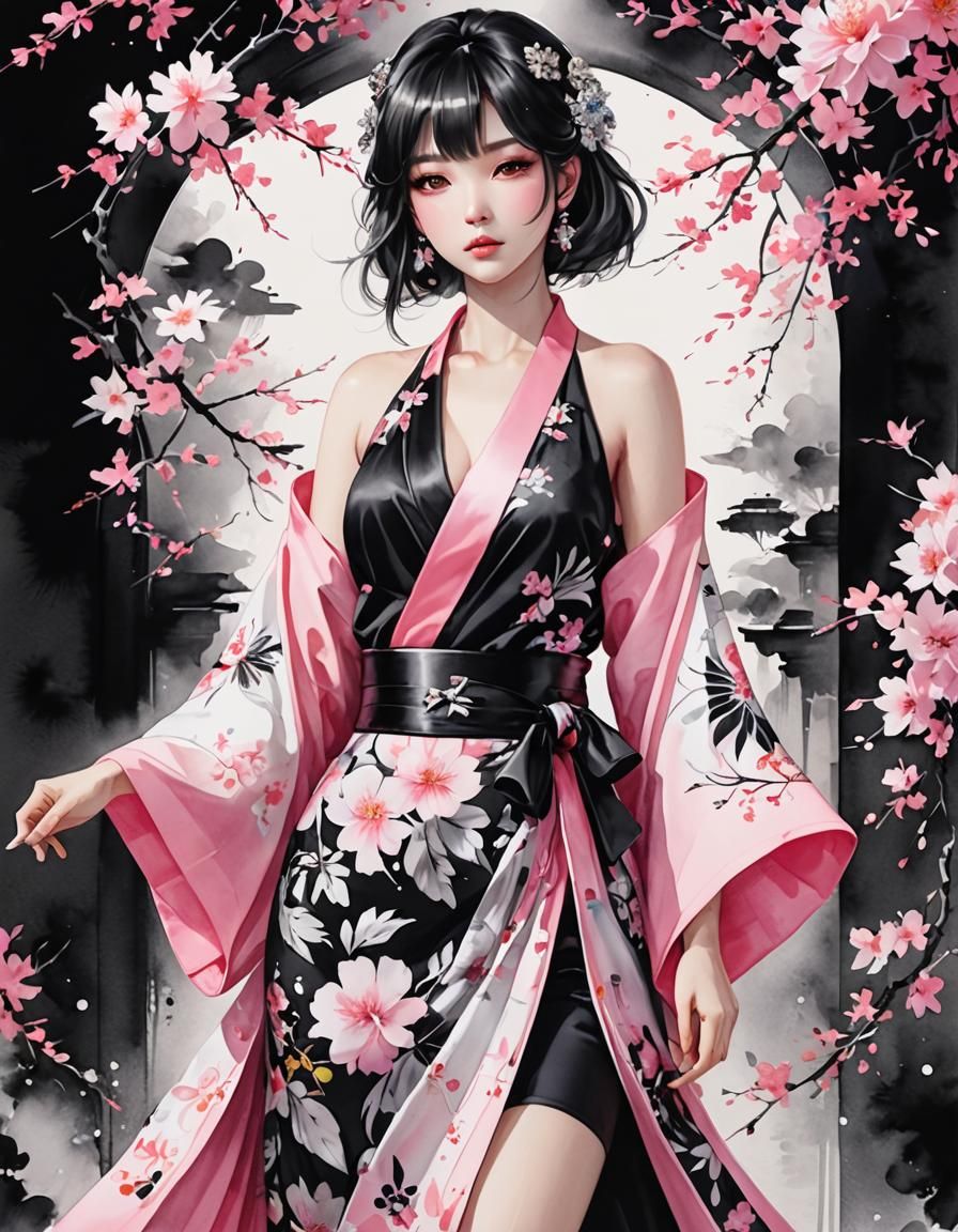 Neon Kimono in Black and White Watercolor Style