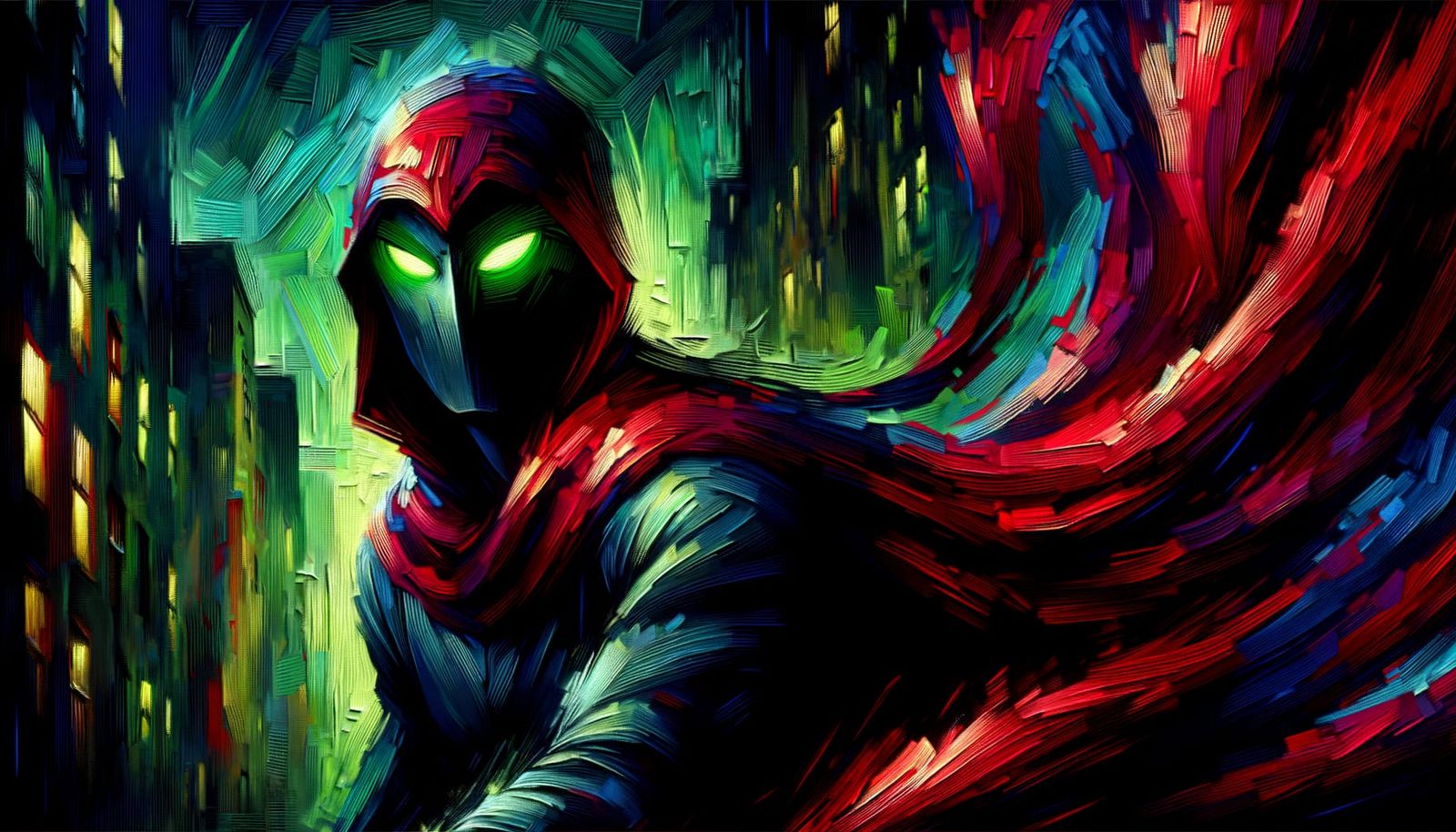 Masked Superhero in Sinister Cityscape