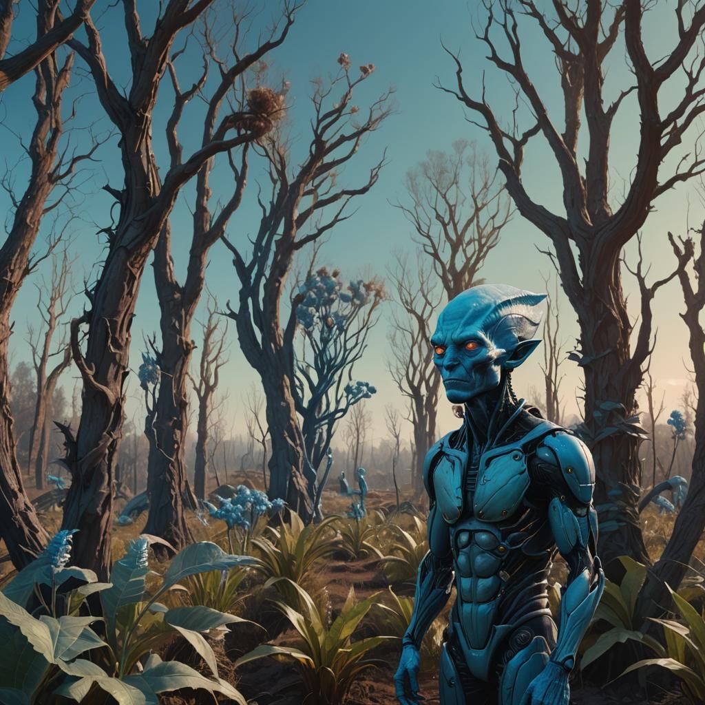 Blue Alien in Sci-Fi Landscape as Matte Painting