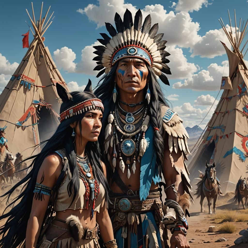 Native American with Wolves and Horses