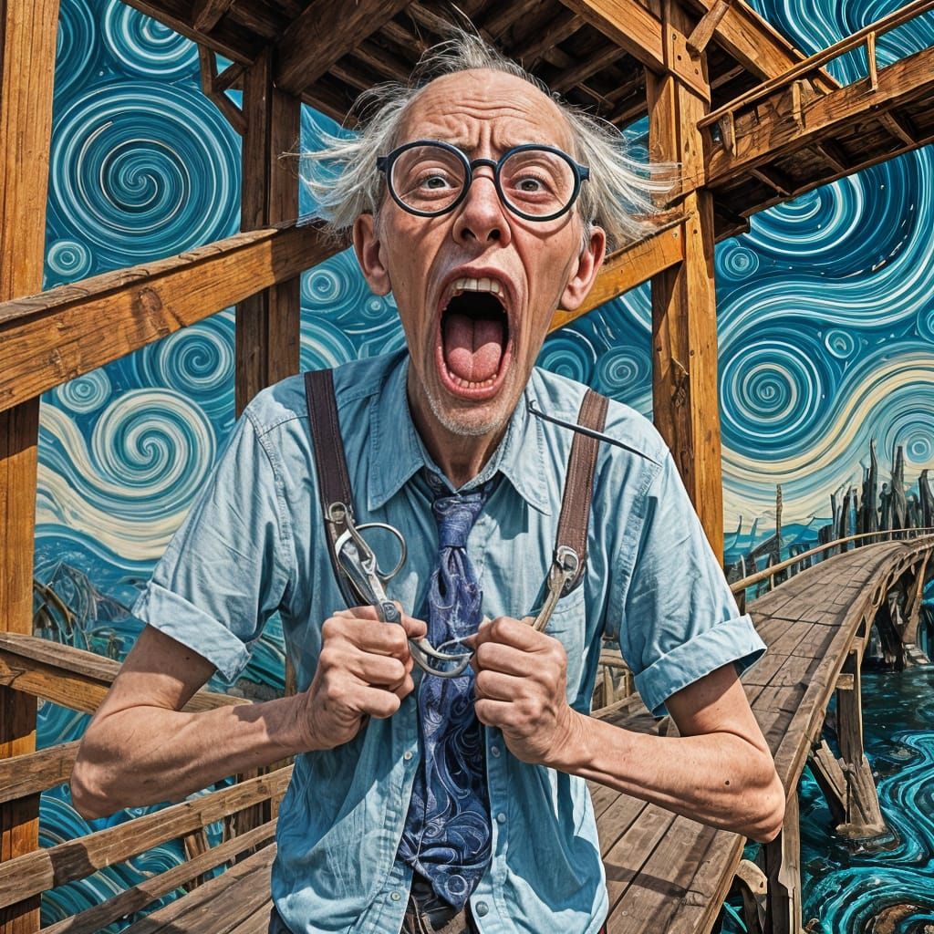 Emotive Old Man Screaming on a Bridge