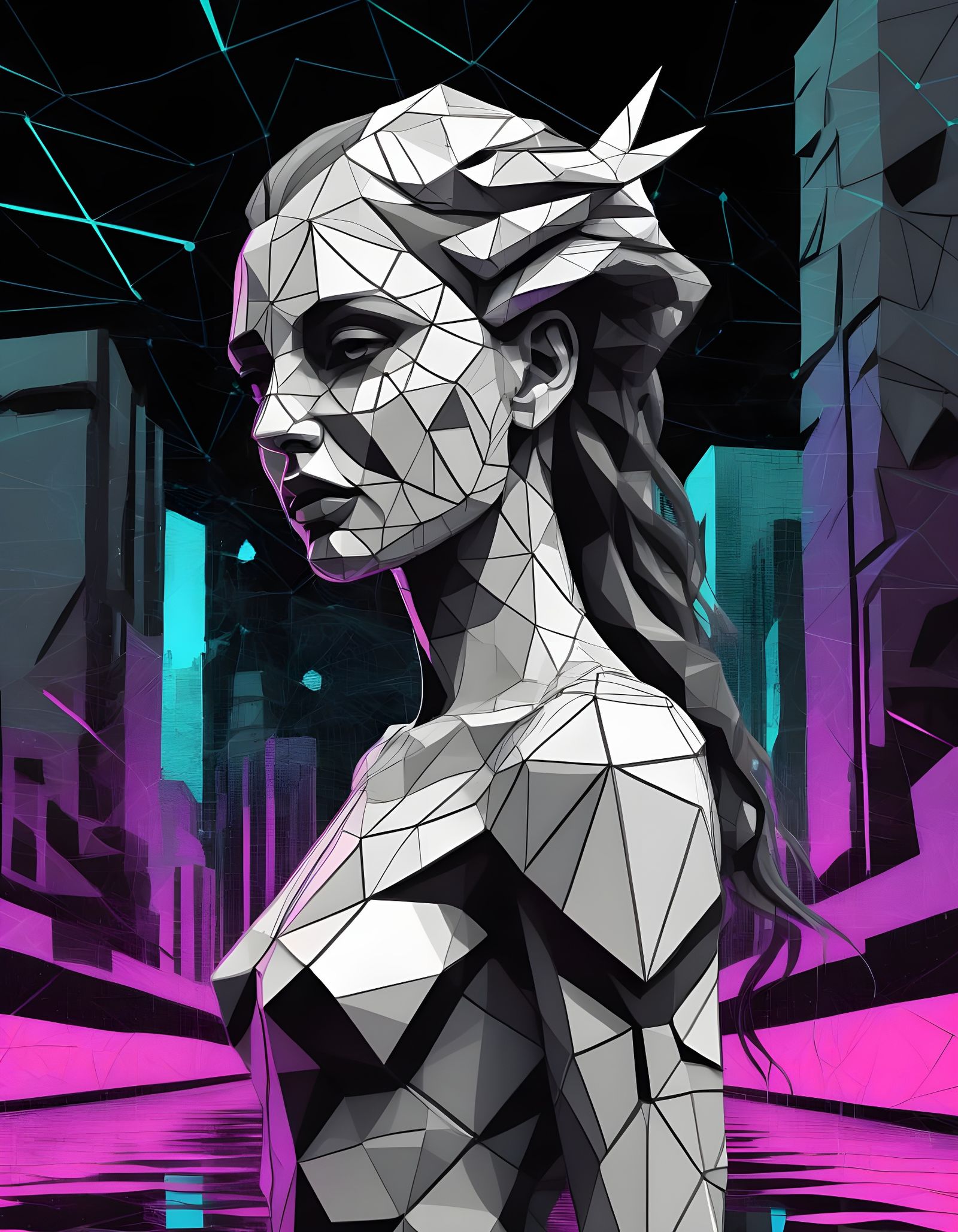 Cybernetic Gorgon in Dystopian Cityscape: Low-Poly Sketch