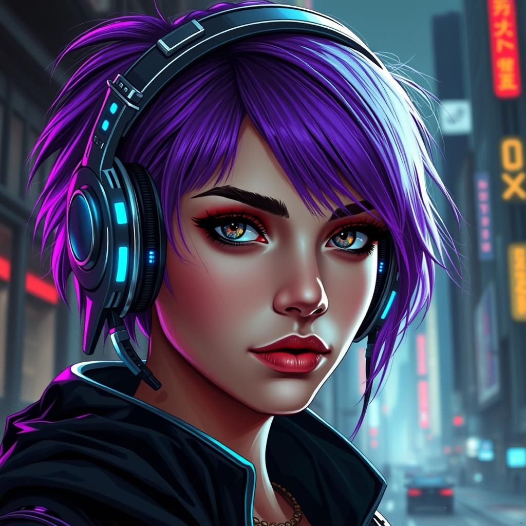 Cyberpunk Woman with Neon Hair and Headset