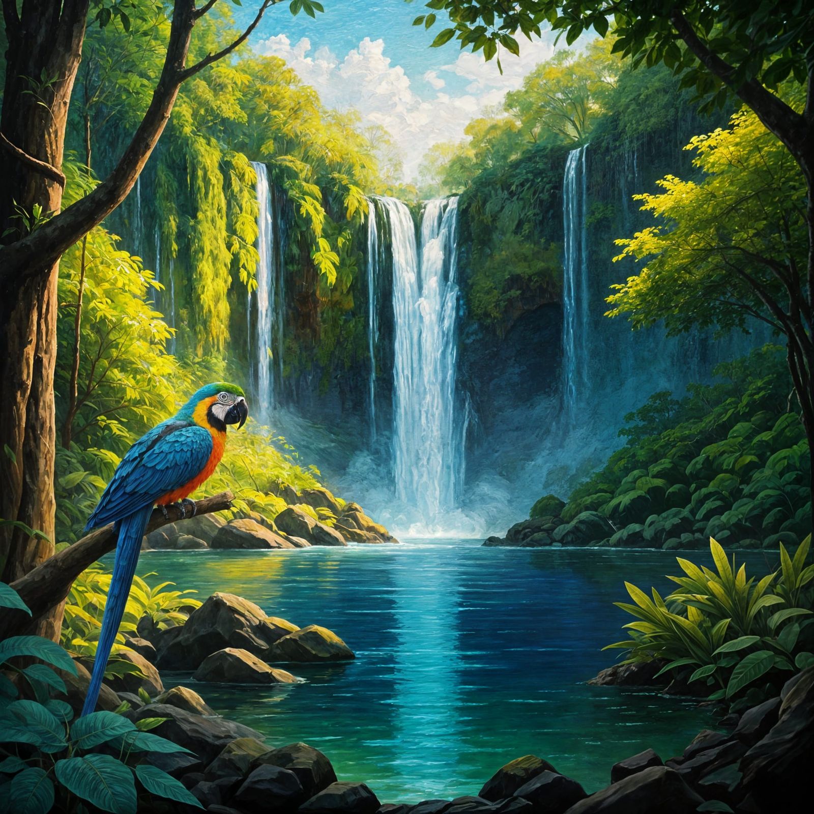 Jungle Lagoon Waterfall: Expressionist Oil Painting