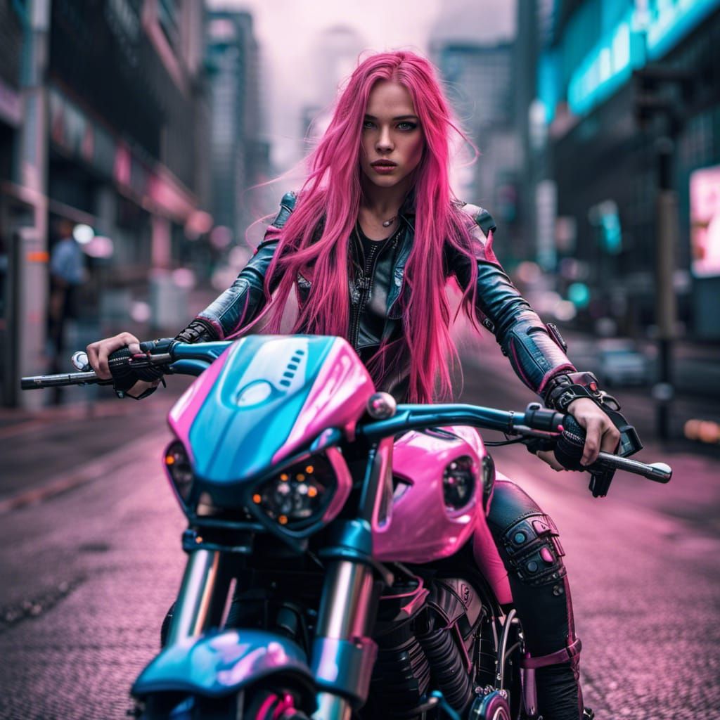 Cyberpunk Warrior on Blue Bike, Hyperrealistic HDR