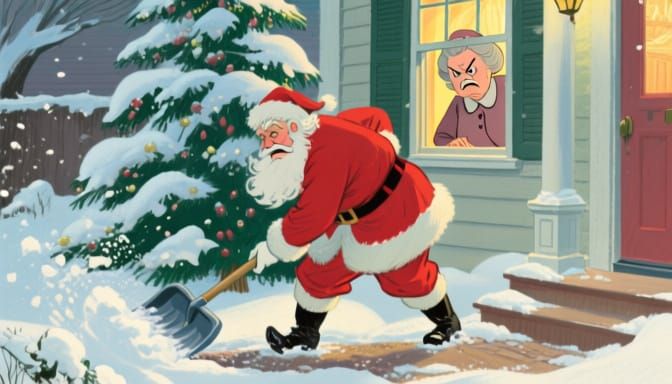 Santa Shovels Snow While Mrs. Claus Fumes