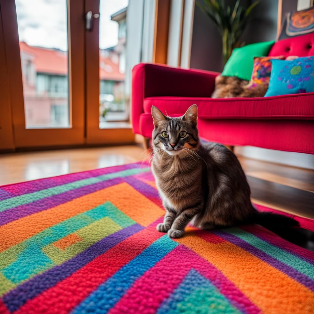 Vibrant Cat Perched on Window with Psychedelic Carpet