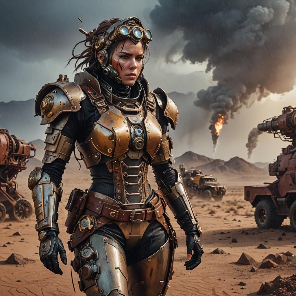 Steampunk Heroine in Rainy Wasteland