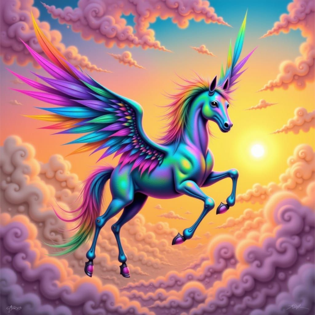 Iridescent Pegasus Soaring Through Sunrise Sky