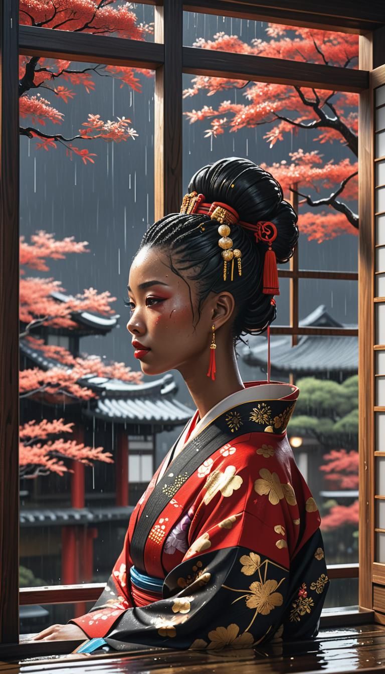 Kimono in Rain: Japanese Woodcut Style Portrait