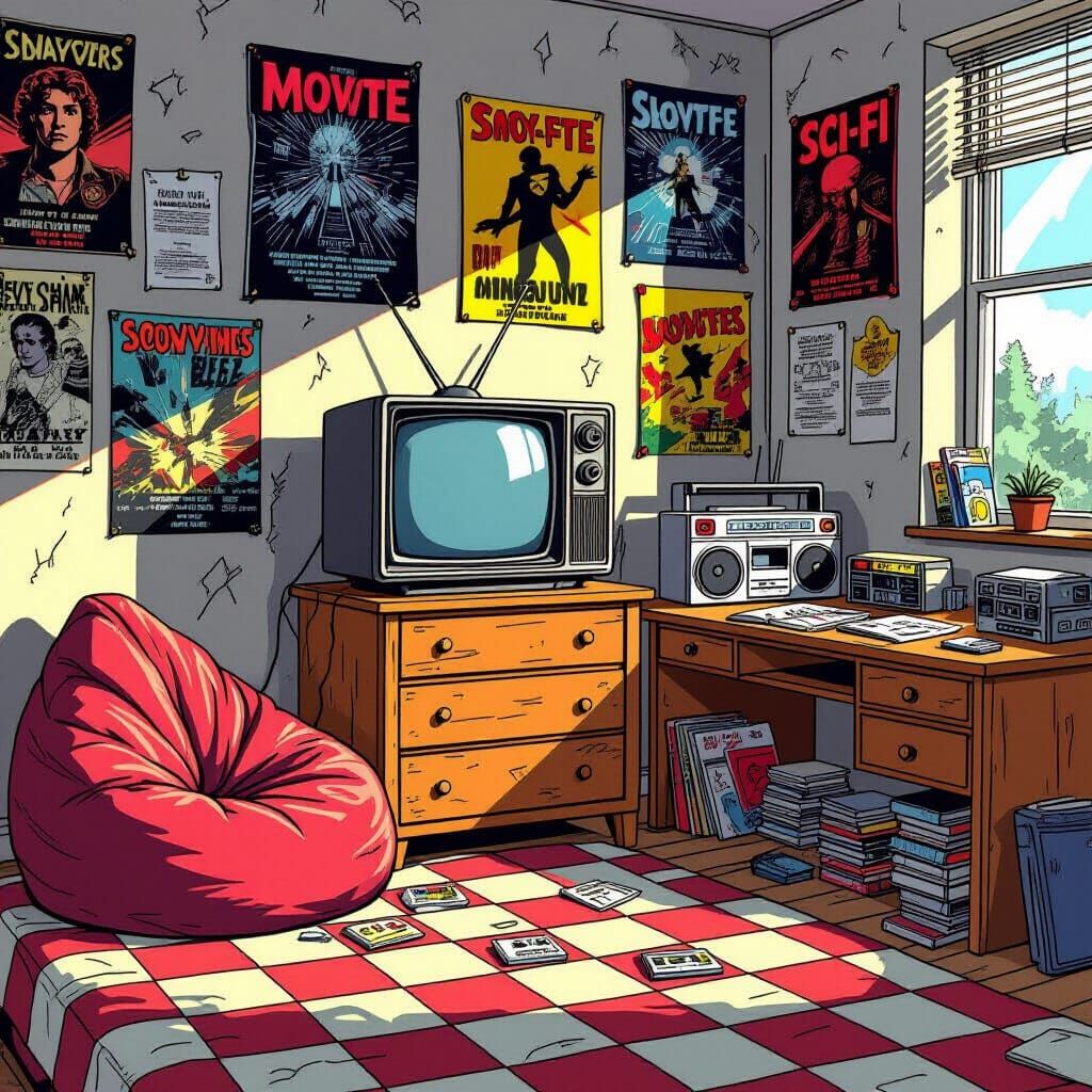 Vibrant 1980s Teen Bedroom Drawing