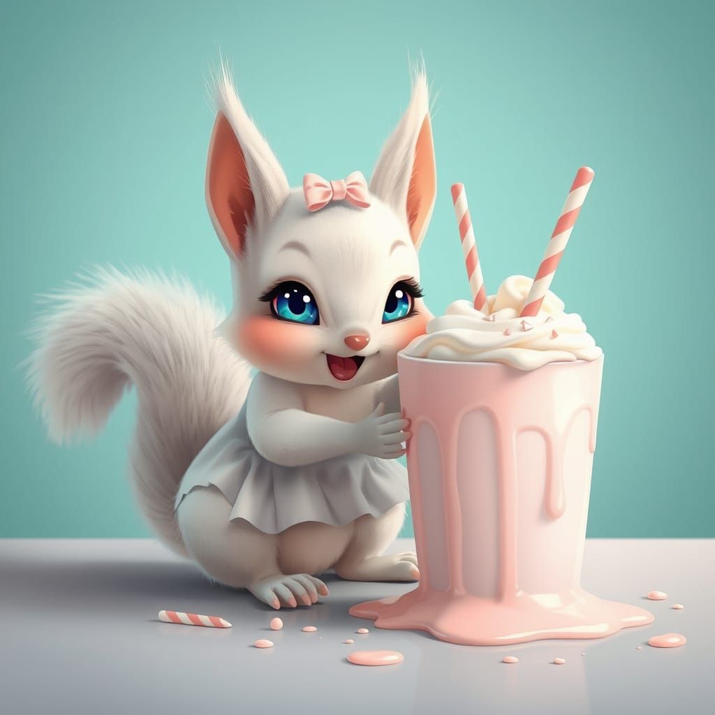 Pastel Anime Squirrel Mischief with Milkshake