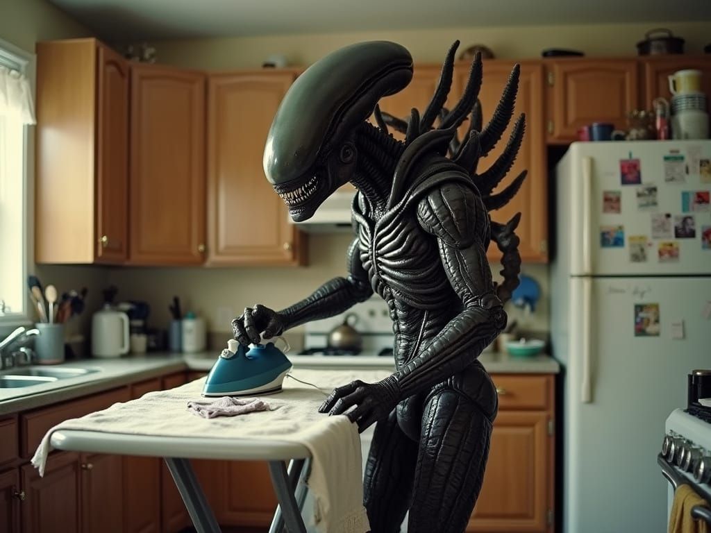 Xeonmorph ironing clothes in its kitchen