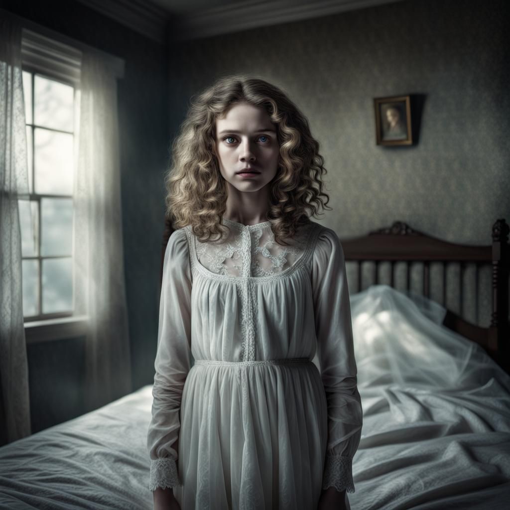 Haunted Girl Ghost Behind Empty Bed