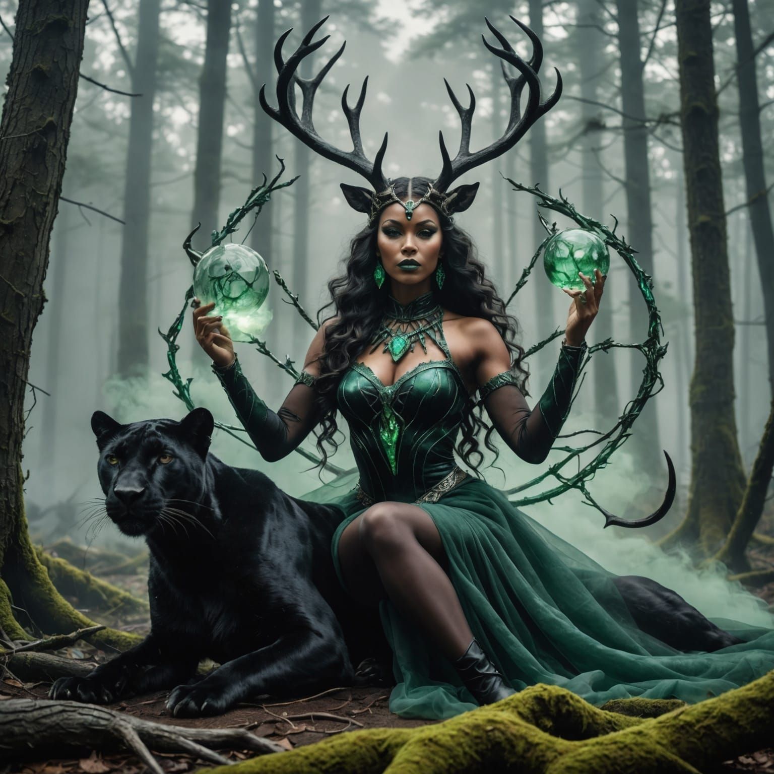 Crystal Goddess on Panther in Chaotic Forest