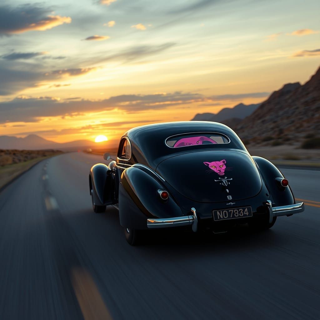 Black 1940 Horch Driving into Sunset