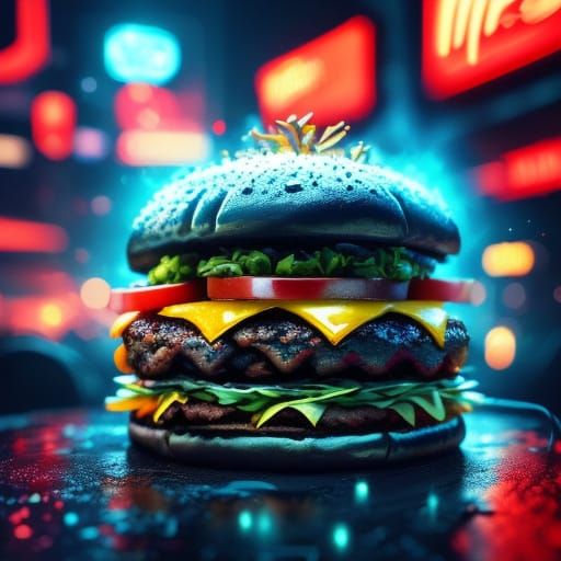 Giant Burger in Futuristic City in 3D Rendering