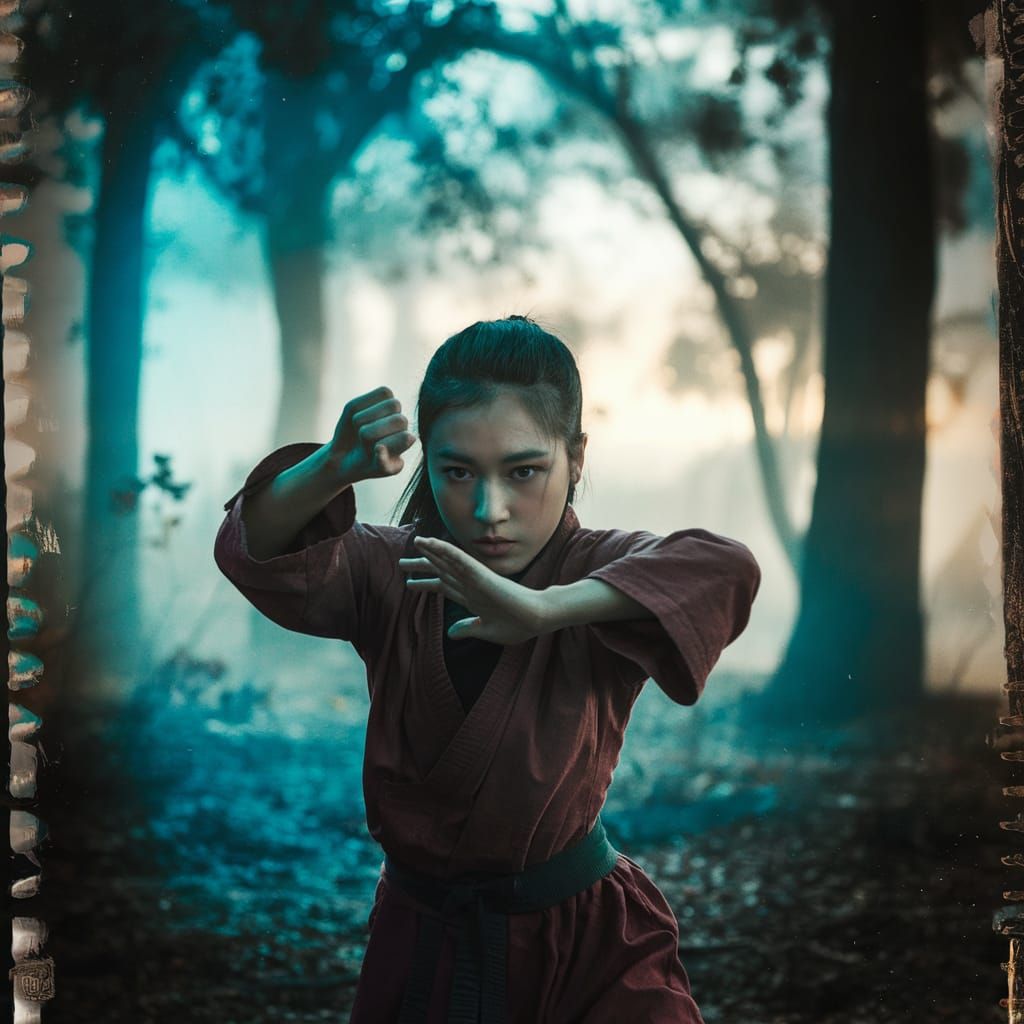 Girl Practices Kung Fu in Serene Forest