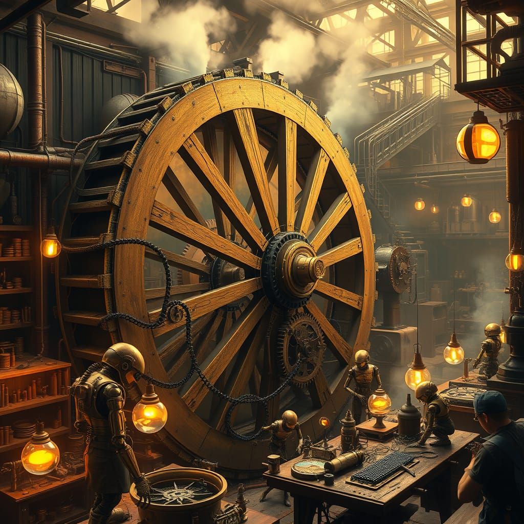 Steampunk Water Wheel in a Bustling Industrial Metropolis