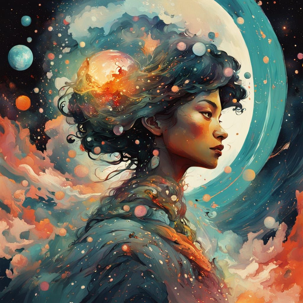 Cosmic Goddess Galaxy: Impressionist Gouache Painting